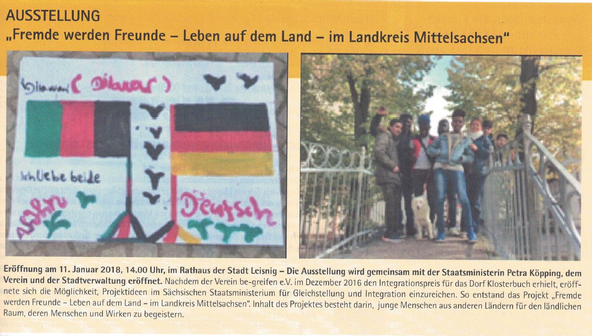 Presseartikel: Ausstellung "Fremde werden Freunde - Leben auf dem Land - im Landkreis Mittelsachsen Presseartikel: Ausstellung "Fremde werden Freunde - Leben auf dem Land - im Landkreis Mittelsachsen